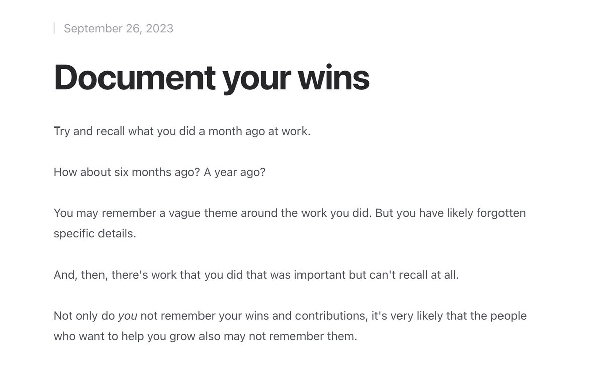"If you won't record your wins, no one will remember them. Not even you!

Document your wins - One of the highest ROI things you can do for your career.

New post: sarthakjariwala.com/posts/document…