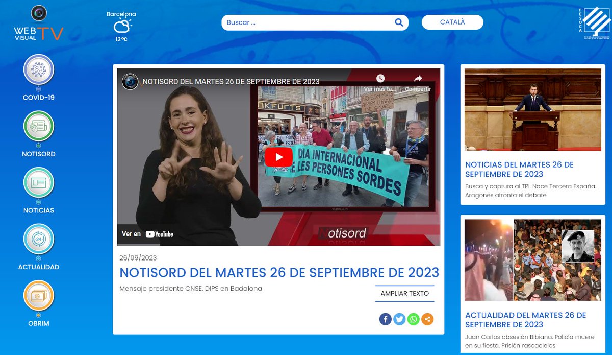 Webvisual_tv's tweet image. 26 DE SETEMBRE DE 2023 👋Llengua de Signes Catalana #LSC webvisual.tv 
🔵Noticies: youtube.com/watch?v=5DxQgZ…
⚫️Actualitat: youtube.com/watch?v=5qjr3q…
🔴Notisord: youtube.com/watch?v=_GxYBK…
 #llenguadesignes #accessibilitat #llenguadesignescatalana