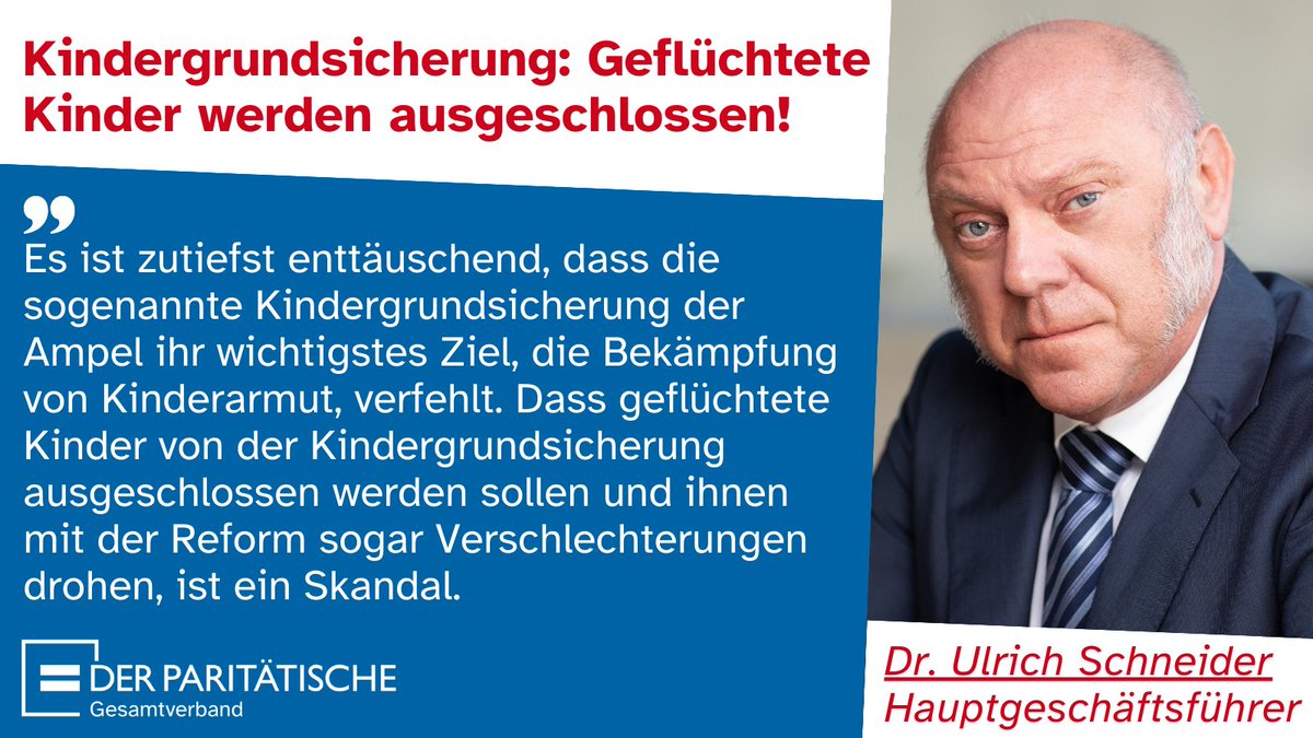 Die #Kindergrundsicherung soll heute im Bundeskabinett verabschiedet werden: Unter Missachtung der #UN-Kinderrechtskonvention werden geflüchtete Kinder jedoch ausgeschlossen. Mit zahlreichen Organisationen stellen wir uns dagegen!
👉der-paritaetische.de/alle-meldungen…