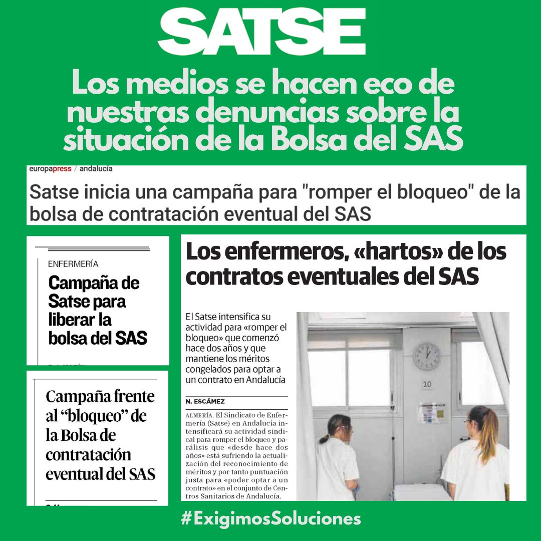 SATSE_Andalucia's tweet photo. 🗞️Los medios de comunicación se hacen eco de nuestras denuncias sobre la situación de la Bolsa de #Empleo del SAS 
🔗Más información en nuestra web https://t.co/JqyO6mjGDg https://t.co/AetBoIEOyc