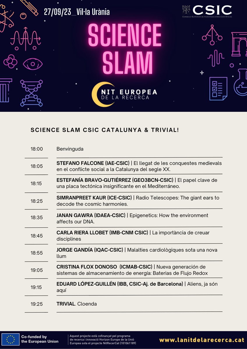 Avui és la #NitRecerCat23 i els centres del CSIC ho celebrem amb una 'Science Slam' 🌙

Hi haurà 8 microxerrades científiques de temàtiques diverses👩‍🔬 i un trivial amb molts premis🏆

⏰18:00 h 
📍<a href="/VilaUrania/">Vil·la Urània</a>
👉 Inscriu-te a tinyurl.com/2ybn3y6d