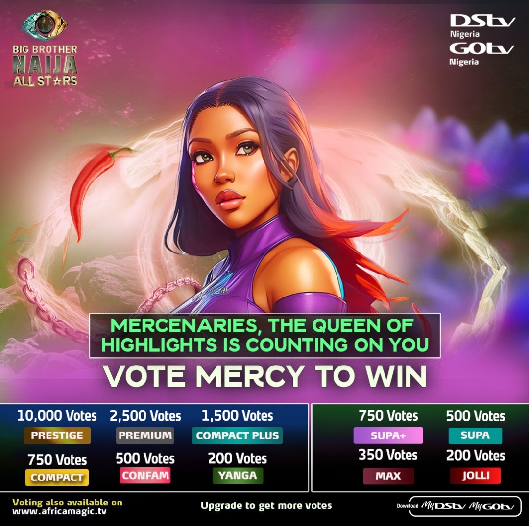 Mercenaries, what makes your queen <a href="/real_mercyeke/">Mercy Eke</a> your #BBNaija winner? Step up and vote for her now using these links:

#MyDStv: bit.ly/3Ylej5e up to 10 000 votes
#MyGOtv: bit.ly/3KkbISX up to 750 votes
Web/Mobi site: bit.ly/43QOF9x up to 100 votes