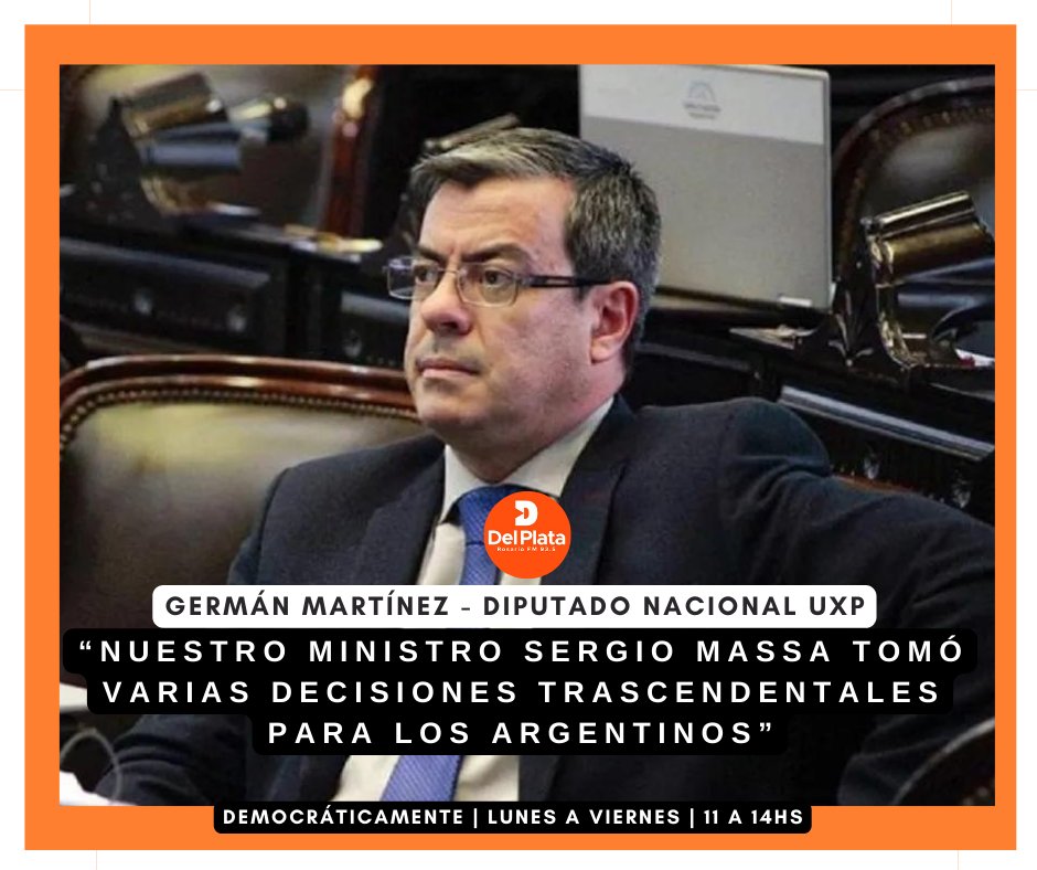 [#Democráticamente🎙️] A UN MES DE LAS PRESIDENCIALES

🗣️ <a href="/gerpmartinez/">GERMAN MARTINEZ</a>, Diputado nacional de #UniónPorLaPatria: "Nuestro Ministro <a href="/SergioMassa/">Sergio Massa</a> tomó varias decisiones trascendentales para los argentinos”

Lunes a viernes de 11 a 14hs por Del Plata #Rosario 93.5 con Juan Francisco