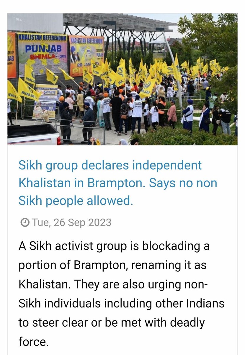 Congratulations Canada !! 

A K-extremist group has declared a part of Brampton as Khalistan and blocked entry of peoples of other faith with warning of deadly force.