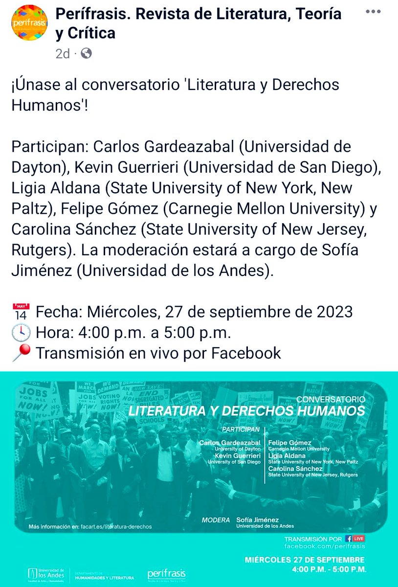 UCFSaGA's tweet photo. Conversatorio “Literatura y Derechos Humanos”. Invita Felipe Gómez, Teaching Professor of Hispanic Studies, Carnegie Mellon University. Mañana 27 de septiembre a las 5pm (EST). https://t.co/UBANJCzjuw