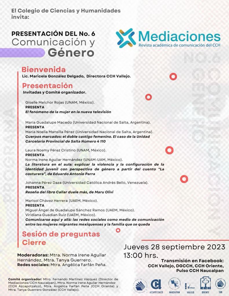 ✅ 3 razones para que nos acompañes a la presentación de nuestra revista #MediacionesMx del <a href="/CCHUNAM/">CCH UNAM</a> en su 6° edición "Comunicación y género” este próximo jueves 28 vía <a href="/facebook/">Facebook</a> en <a href="/pulsocchn/">CCH Naucalpan Oficial</a> <a href="/CCHOte_UNAM/">CCH Oriente Oficial</a> <a href="/CCHVallejo_Ofi/">CCH Vallejo Oficial</a>
