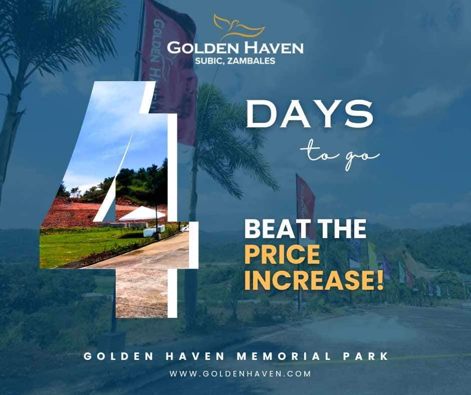 JosephDLAguilar's tweet photo. 4 days left. You can still reserve your lawn lot at Php 1,440 until Sept. 30, 2023. 

You may also avail of our Family Estate unit at 1.4 M today, which will increase by 5-10% on Oct. 1, 2023. 

Message us to start your investment now.

#GoldenHavenSubic
#BeatThePriceIncrease https://t.co/GDx2u2KGiV