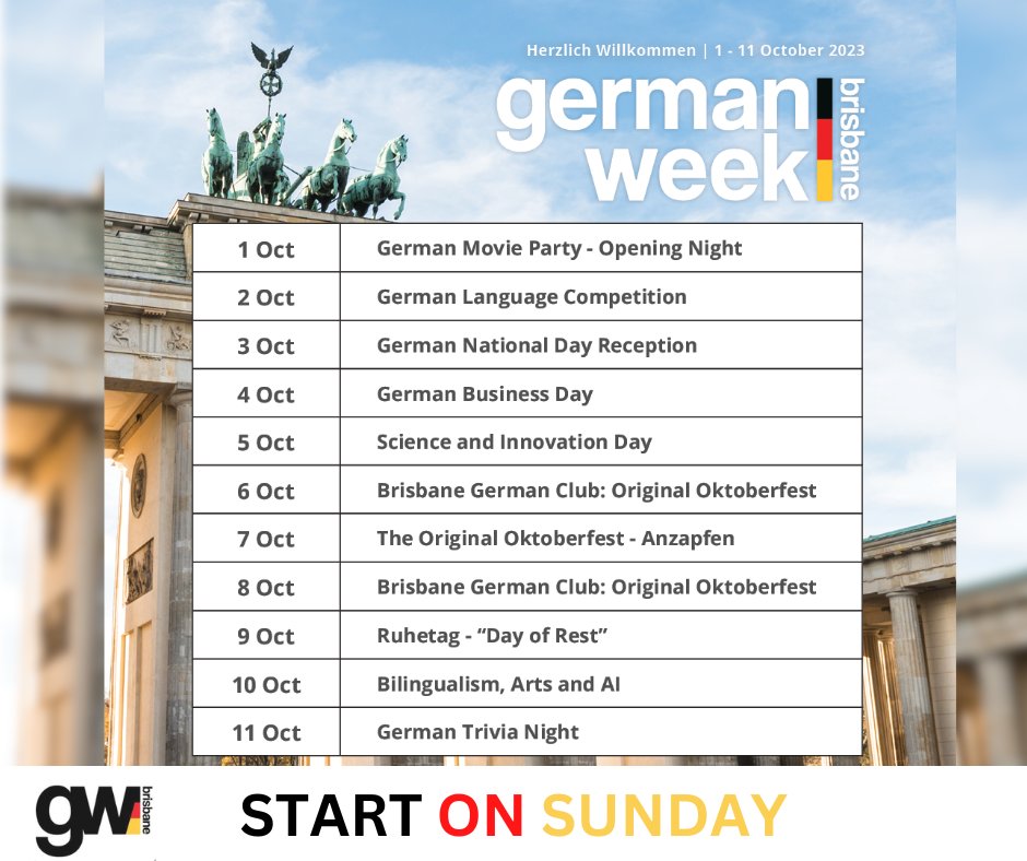 DAAD_Australia's tweet photo. 🎉Embrace your inner German in Brisbane on Sunday! Starting 1st October, the German Week Brisbane offers free events celebrating collaborations between Germany and Australia 🇩🇪🇦🇺. The DAAD will also present on the Science and Innovation Day, 5th October!
👉🏾https://t.co/MeX6D8iHio https://t.co/LrquJgKNDb
