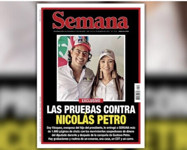 VickyDavilaH's tweet photo. INDICIOS GRAVES 

1- (Abril 2022) 
Ricardo Calderón destapa las visitas de Juan Fernando Petro y Danilo Rueda a La Picota en campaña.  Se confirmó que hablaron de “perdón social” con detenidos condenados por corrupción y hasta por masacres. Tal episodio fue bautizado como “el pacto de La Picota”. Paralelamente, se conocieron las vistas de Piedad Córdoba a los extraditables. La denuncia advertía que supuestamente se les ofrecía a los extraditables la no extradición.

2- (Junio 2022) 
SEMANA revela los  “petrovideos”, allí las fichas más importantes de la campaña de Petro comentaban en sus reuniones sobre las visitas de Juan Fernando Petro a La Picota en medio del escándalo y planeaban sancionar a Piedad Córdoba por el tema de los extraditables. Se mostraban preocupados por la reacción de EEUU.

3- (Enero 2023) 
SEMANA revela que narcos estaban pagando hasta un millón de dólares para entrar a la paz total y ser gestores de paz. El Gobierno Petro reconoció que la denuncia era cierta. 

4- (Marzo 2023) 
SEMANA revela testimonio de Day Vásquez, ex esposa de Nicolás Petro. La mujer destapó que el hijo del presidente recibió para la campaña de su papá ( Gustavo Petro) dinero del ex narco Santander Lopesierra, conocido como “El Hombre Malboro” y de Gabriel Hilsaca. Por lo menos, 1.000 millones de pesos, de los cuales se apropió. 

5-(Mayo 2023) 
en medio del escándalo revelado por SEMANA por el polígrafo y las chuzadas a la niñera de Laura Sarabia, y la extraña muerte del coronel Óscar Dávila, también SEMANA reveló explosivos audios del ex embajador Armando Benedetti. En ellos él le decía a Laura Sarabia que había conseguido 15.000 millones de pesos para la campaña de Petro. También le advertía que si él contaba quién había dado la plata “se hundirían todos”. 

6- (Julio 2023) 
Day Vásquez y Nicolás Petro fueron capturados y en el Búnker frente al juez y los fiscales, el hijo del presidente, aceptó que recibió una suma millonaria del ex narco Santander Lopesierra y de Gabriel Hilsaca. Más otros dineros. Dijo que el dinero era para la campaña de Petro y que una parte se la apropió y otra la metió a dicha campaña. Aseguró que su papá no tuvo conocimiento, pero que probablemente supo de otros aportes que entraron irregularmente. Quedó planteado que confesaría todo sobre 27 personas relacionadas con la campaña, la financiación de la misma  y el Gobierno.  La lista la encabezaba la primera dama Verónica Alcocer. 

7- (Septiembre 2023) Juan Fernando Petro, hermano del presidente, dijo en entrevista con la Nena Arrázola en Los Informantes que Petro obtuvo un millón de votos en zonas que no tenía, gracias  a su gestión en la cárcel. Luego trató de decir que no era cierto, pero el video que se vio en tv demostró que sí lo decía. 

8- (Agosto 2023) 
Ricardo Calderón revela en Noticias Caracol que un narco de Casanare (hoy recapturado y condenado) y su esposa, presuntamente participaron de la campaña de Petro en ese departamento. Hay videos de eventos y momentos clave. 

9- (Septiembre 2023) Ricardo Calderón de Noticias Caracol presenta audios de la esposa del narco (hoy capturado y condenado) con la persona que manejaba la campaña de Petro en Casanare. Se habla de dinero y es más que claro que la mujer participaba de la campaña. Hay otras pruebas. 

En el Gobierno, el presidente ha propuesto “acoger” a los narcos, sin extradición, en algunos casos se llegaría a cero pena, según expertos,  y legalizando un importante porcentaje de su capital. También está en marcha la paz total con los grupos crimínales más grandes del país dedicados al narcotráfico.