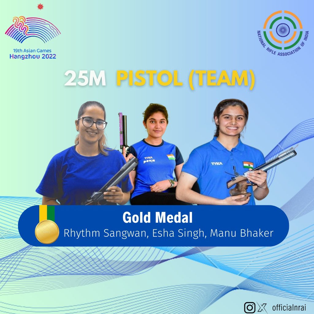 OfficialNRAI's tweet photo. GOLD! 🥇 Fourth 🥇 for #India at the @19thAGofficial and 2nd in #Shooting as our 25m Pistol 🔫 girls nail it in the team event. Congratulations!🔥🎉🇮🇳

#TeamIndia #Nishanebaaz #AsianGames https://t.co/usans1dpEU