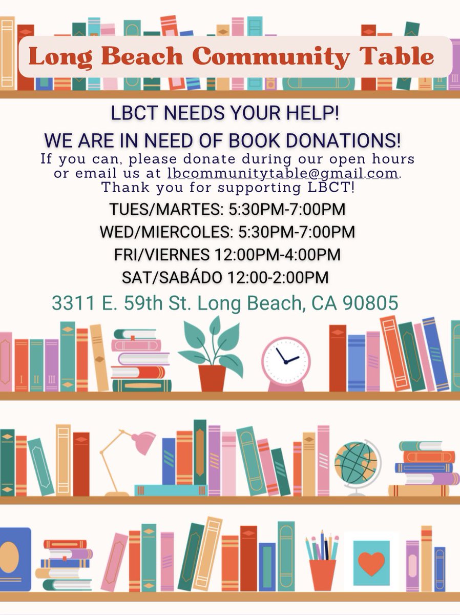 📚 LBCT needs your help! 📚 We are in need of book donations! If you can, please donate during our open hours or email us at lbcommunitytable@gmail.com. Thank you for supporting LBCT! ❤️ 
.
.
.
.
.
.
.
.
.
#longbeachcommunitytable
#lbct
#BookDonations #SupportLBCT #CommunityLove