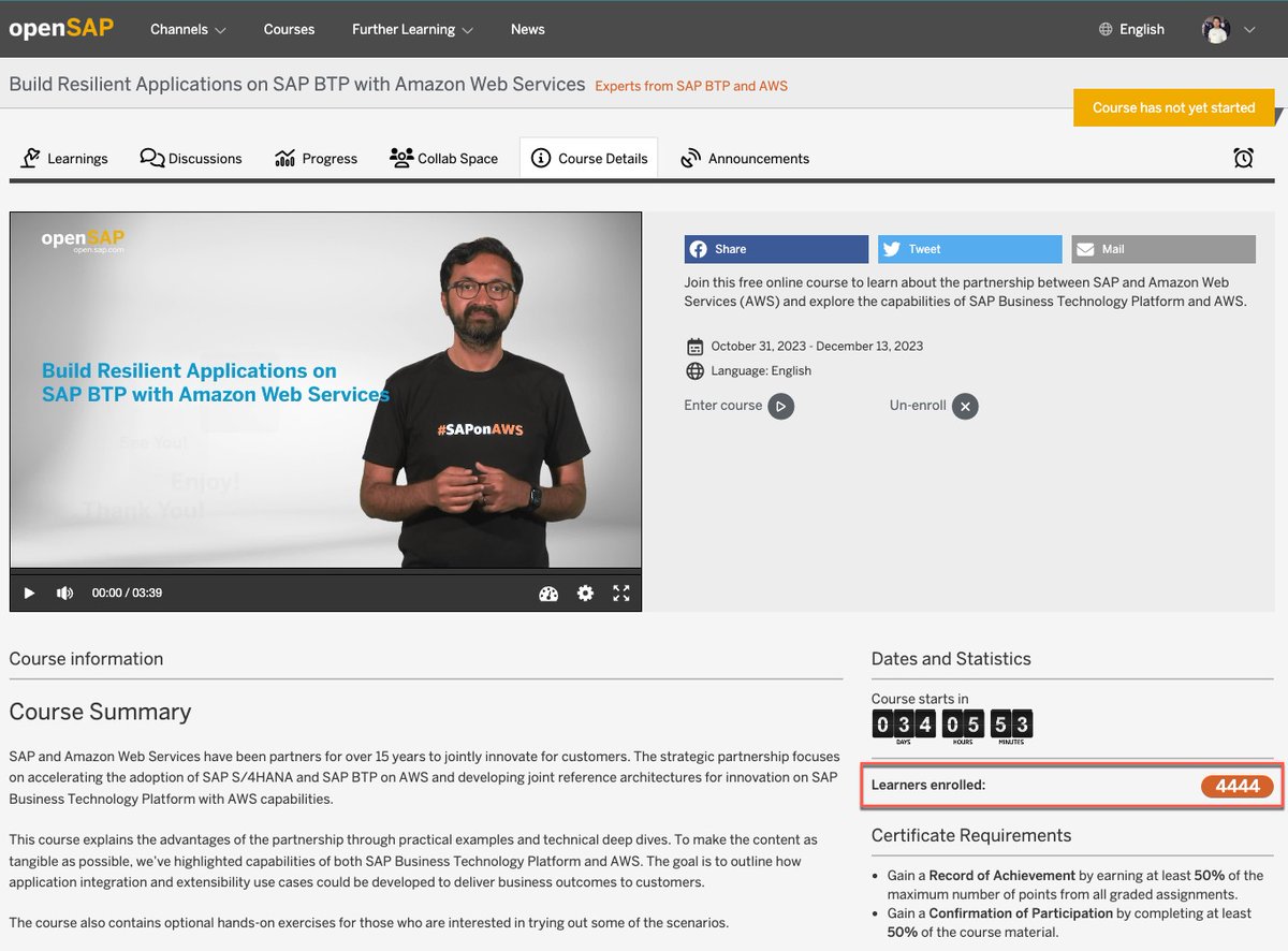 More than 4444 registration in 1 week!! 

Begin your journey with #SAPBTP and #AWSCloudServices through this comprehensive course. Register now: open.sap.com/courses/aws1