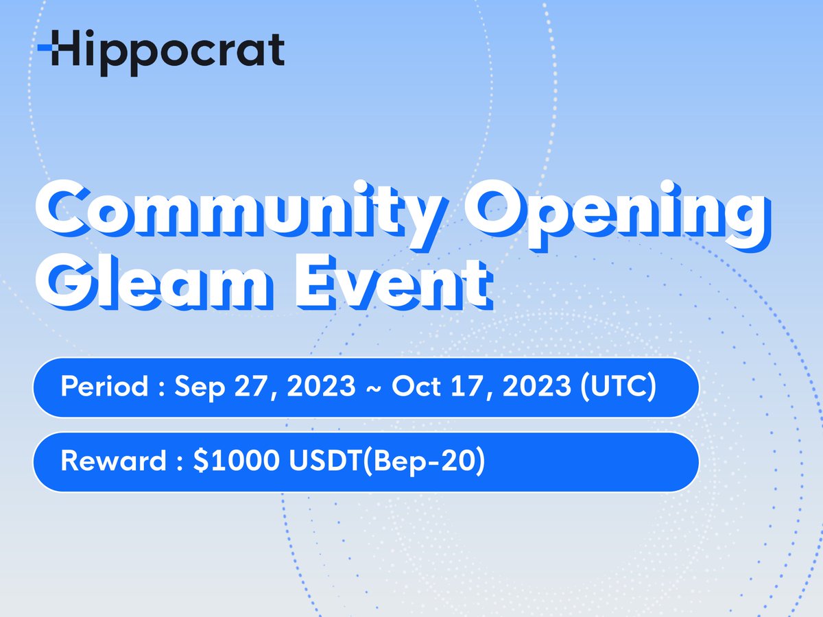 Hello, Hippocrat project is holding a community open gleam event,
Hippocrat allows patients to directly own and manage their medical record data.

⏳ Event Period
Sep 27, 2023 to Oct 17, 2023 (UTC)
🎁 Rewards
$1,000 USDT (BEP-20)

Event Link 🔽
bit.ly/3ZAaLfG