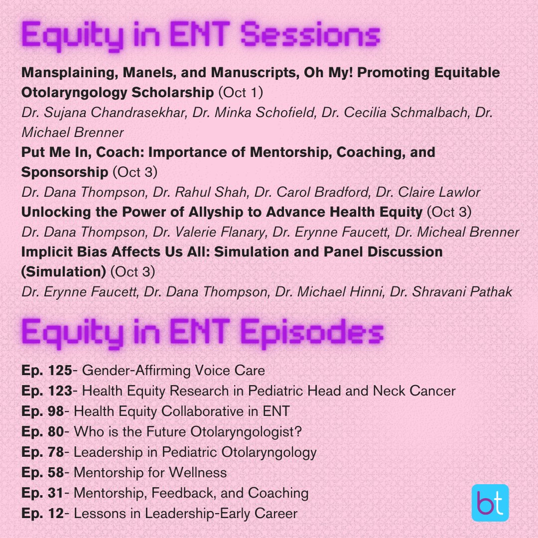 Equity is important--especially among our trainees and colleagues. Check out these episodes featuring our amazing #shENT docs before their #AAOHNSF2023 sessions! <a href="/DrSujanaENT/">Dr. Sujana Chandrasekhar</a> <a href="/kidsentdoc/">Dana Thompson, MD, MS, MBA, FACS</a> @PedsOtoDoc @DeanBradfordMD <a href="/ceschmalbach/">Dr. Cecelia E. Schmalbach</a> <a href="/_OtoWLS/">Otolaryngology Women's Leadership Society</a> <a href="/BlackWomeninOto/">Black Women in Otolaryngology</a> <a href="/amerati/">Al Merati 🇺🇸 🎸</a> <a href="/drjuliewei/">Dr. Julie Wei</a>