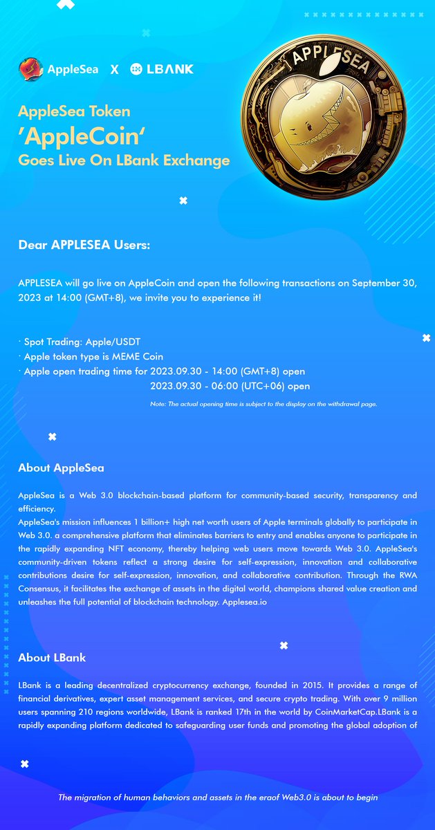 Applesea_io_EN's tweet photo. Applesea token AppleCoin goes live on Lbank exchange

Dear APPLESEA users:

APPLESEA will go live on AppleCoin and open the following transactions on September 30, 2023 at 14:00 (GMT+8), we invite you to experience it!
Spot Trading: Apple/USDT
Apple token type is MEME Coin. https://t.co/qb0wqMSFhm