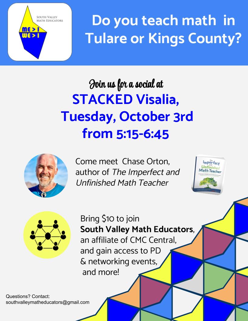 South Valley Math Educators (@svme_math) on Twitter photo Inviting K-12 math teachers in Kings & Tulare Counties to join us for a networking social on October 3rd. We hope to see you there!
South Valley Math Educators is an affiliate of CMC Central
<a href="/CAMathCouncil/">CMC - CA MathCouncil</a> #mtbos #iteachmath
<a href="/nicklikesmath/">Nick Lopez</a> <a href="/charicey34/">Charice Nusse</a> Inviting K-12 math teachers in Kings & Tulare Counties to join us for a networking social on October 3rd. We hope to see you there!
South Valley Math Educators is an affiliate of CMC Central
<a href="/CAMathCouncil/">CMC - CA MathCouncil</a> #mtbos #iteachmath
<a href="/nicklikesmath/">Nick Lopez</a> <a href="/charicey34/">Charice Nusse</a>