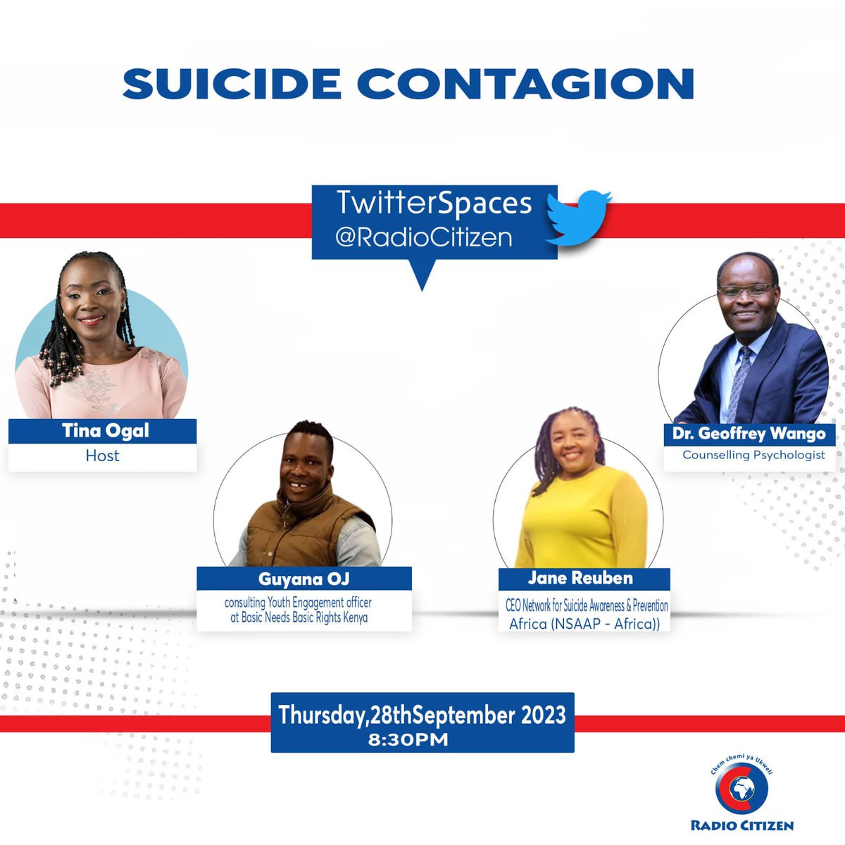 Jane Waithera Maina (@janewaitherama1) on Twitter photo Join me as we explore this public health issue on suicide.<a href="/RadioCitizenFM/">Radio Citizen</a>
…#MentalHealthAwareness #SuicidePreventionAwarenessMonth #SuicideAwareness #SuicidePreventionMonth #NSAAPAFRICA
#suicidecontagion Join me as we explore this public health issue on suicide.<a href="/RadioCitizenFM/">Radio Citizen</a>
…#MentalHealthAwareness #SuicidePreventionAwarenessMonth #SuicideAwareness #SuicidePreventionMonth #NSAAPAFRICA
#suicidecontagion