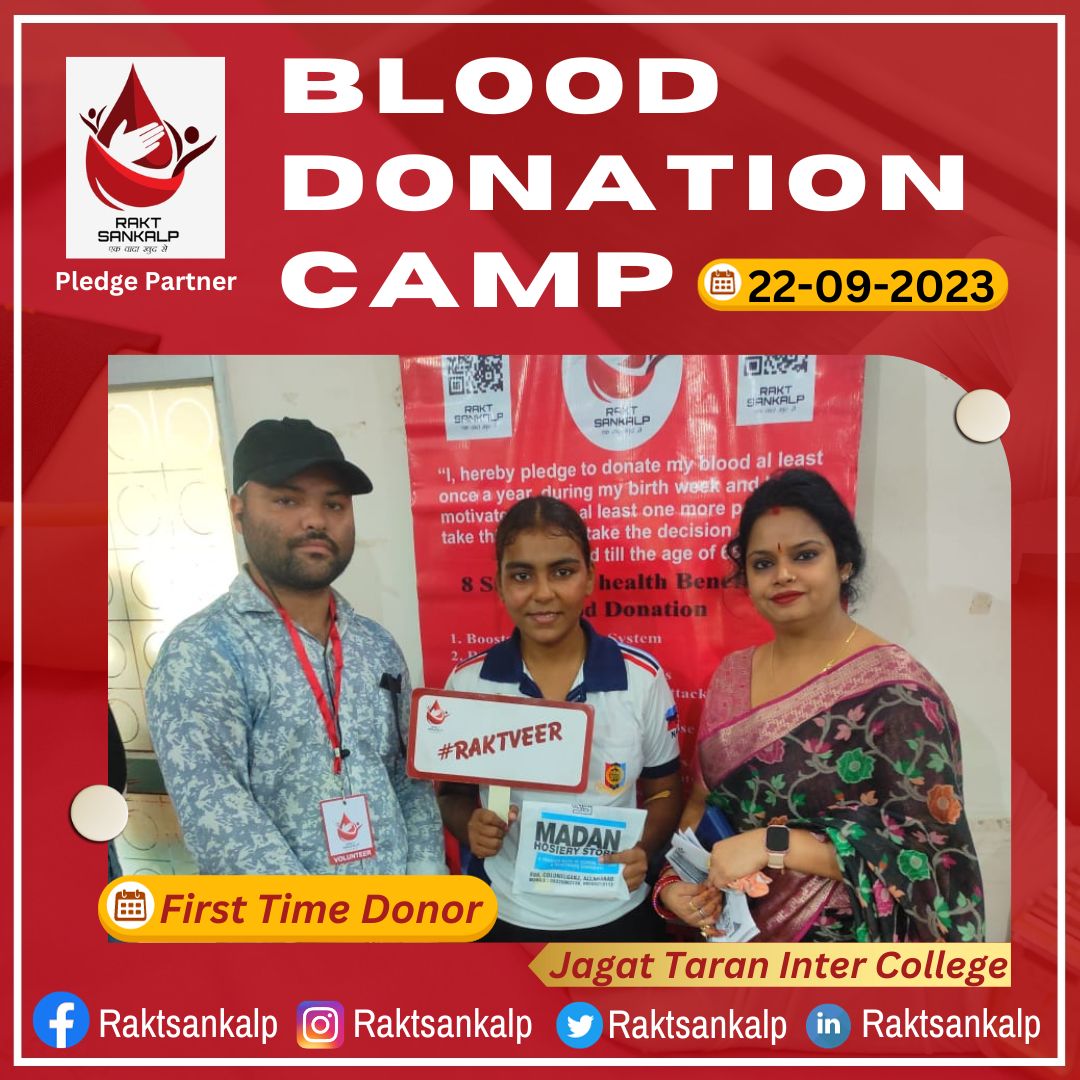 RaktSankalp's tweet photo. Proud to share the glimpses of #blooddonationcamp organised by Jagat Taran Girls' Degree College, Prayagraj on the occasion of Foundation Day (22nd Sept 2023), with @RaktSankalp as #pledgepartner. The camp saw enthusiastic participation of many first time donors. https://t.co/gZtcU5tBXB