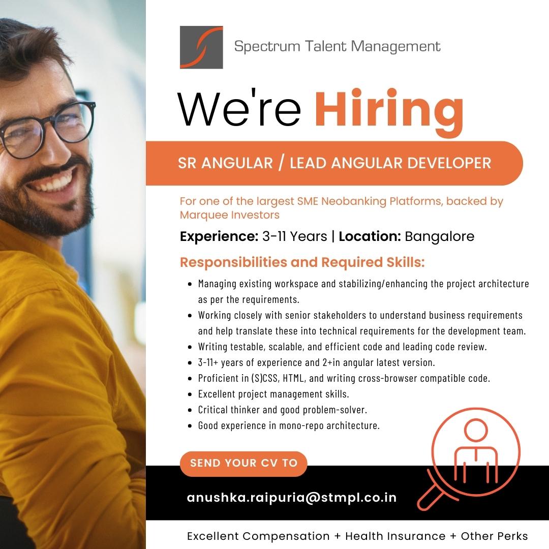 Job Opportunity Alert! 𝐒𝐫. 𝐀𝐧𝐠𝐮𝐥𝐚𝐫/𝐋𝐞𝐚𝐝 #AngularDeveloper position with one of the largest SME Neobanking Platforms.
Send your CV to: anushka.raipuria@stmpl.co.in

#AngularDeveloperJobs #AngularJobs #TechJobs #ITJobs #SpectrumTalentManagement #SpectrumTalent