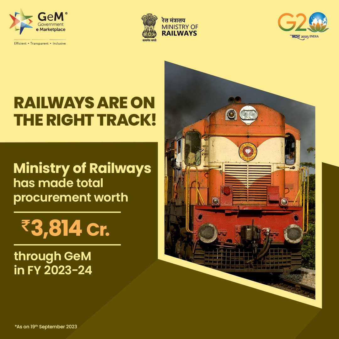 GeM_India's tweet photo. Indian Railways asserts its position as one of the leading procurement entity on GeM! @RailMinIndia has significantly augmented its procurement volume, establishing itself among the top buyers on #GeM. As of 19 Sept. 2023, the Ministry of Railways has executed substantial procurements totaling ₹3,814 Crore through GeM.