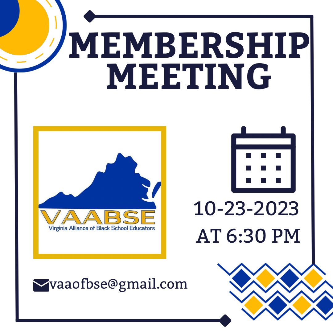 Friendly Reminder: VAABSE will hold it’s monthly membership meeting on Monday, October 23, 2023 at 6:30 PM via Zoom. Additional registration information will be forthcoming for all members via email. See you soon!!