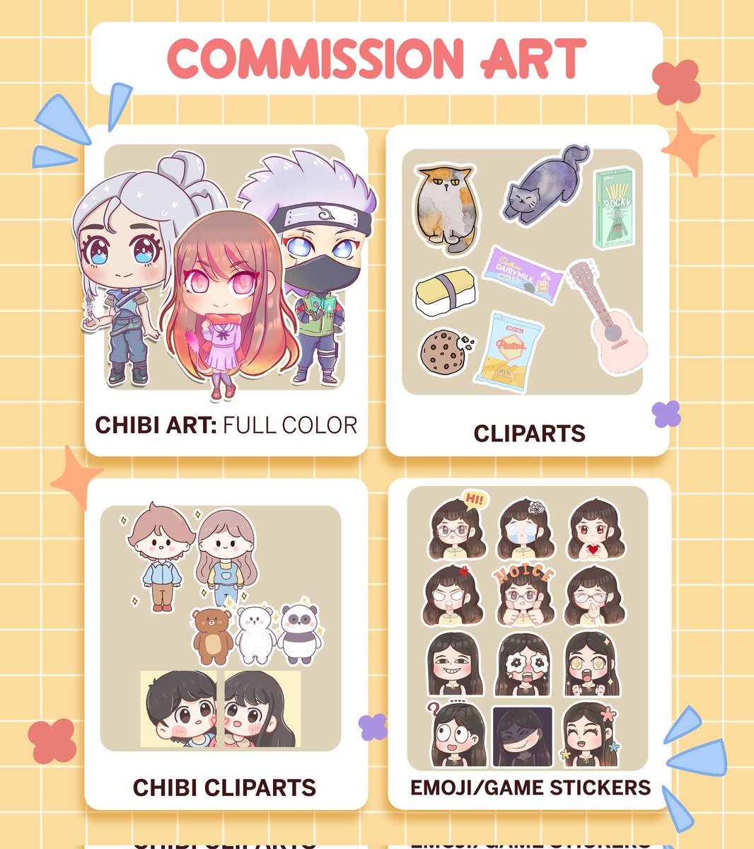 𝗖𝗼𝗺𝗺𝗶𝘀𝘀𝗶𝗼𝗻 𝗯𝗮𝘀𝗲𝗱 𝗼𝗻 𝗺𝘆 𝗼𝘄𝗻 𝘀𝘁𝘆𝗹𝗲
Available commission are on photos.
📌 𝘋𝘐𝘎𝘐𝘛𝘈𝘓 𝘈𝘙𝘛: 𝘊𝘰𝘭𝘰𝘳𝘦𝘥/𝘉&amp;𝘞 , 𝘎𝘢𝘮𝘦 𝘌𝘮𝘰𝘫𝘪 , 𝘍𝘰𝘳 𝘚𝘵𝘪𝘤𝘬𝘦𝘳𝘴, 𝘊𝘢𝘳𝘵𝘰𝘰𝘯𝘴, 𝘊𝘭𝘪𝘱𝘢𝘳𝘵𝘴 #commissionart #commissionsopen