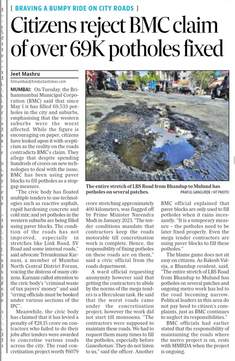 mumbaimatterz's tweet photo. #Mumbai the #PotholeCapital
Citizens reject #BMC’s claim of over 69K potholes fixed.
Citizens allege that despite spending hundreds of crores on new technologies to deal with the issue, BMC has been using paver blocks to fill potholes as a stop-gap measure. Advocate @trivan205 of @MNCDFbombay called attention to the civic body’s “criminal waste of tax payers’ money”
@mashrujeet
@HTMumbai
https://t.co/2PAy5AnoJJ