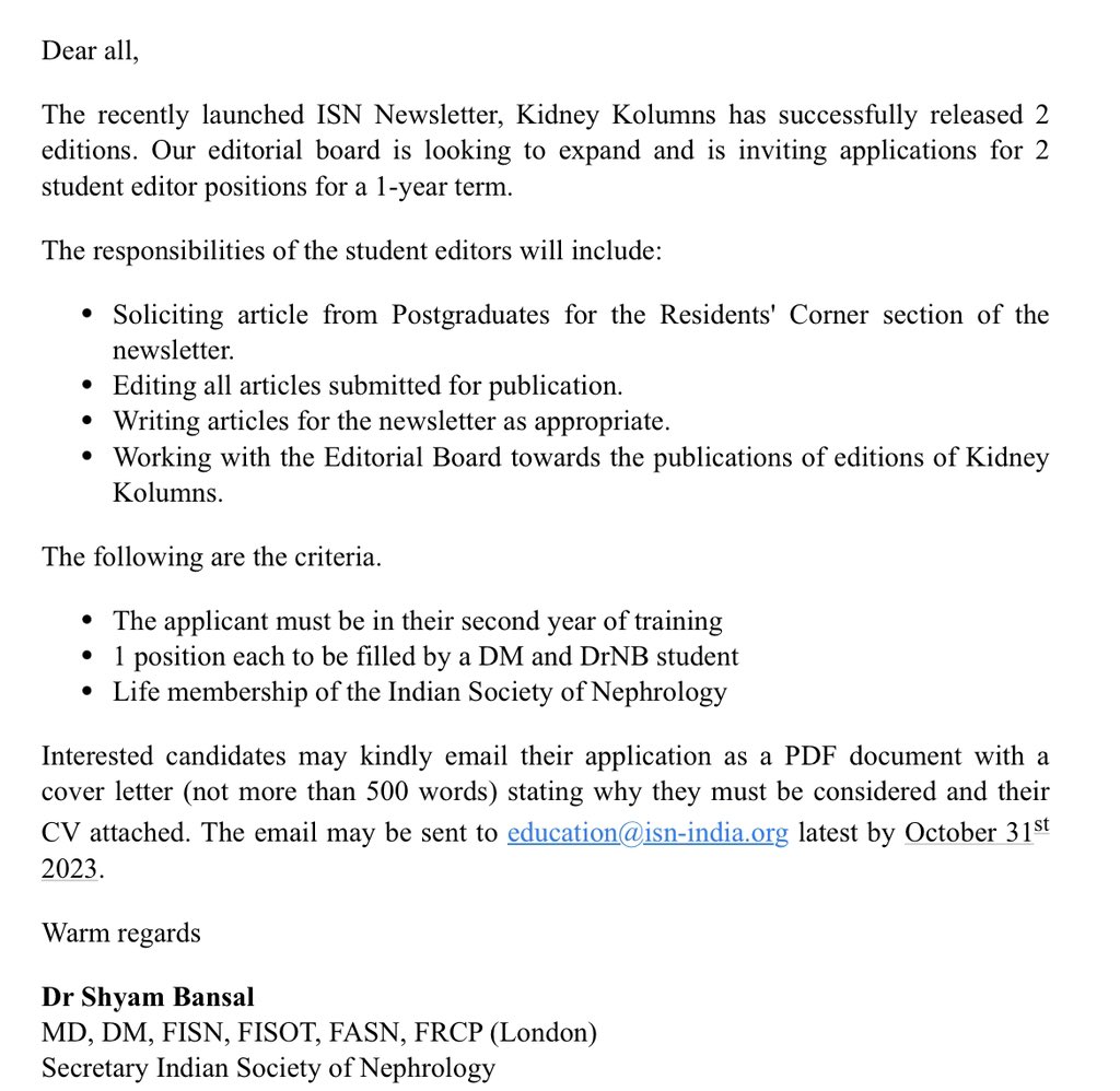 Indian Society of Nephrology (@isn_india) on Twitter photo Call for student editors of the ISN India Newsletter. Interested candidates may email their application as a PDF document with a cover letter (not > 500 words) stating why they must be considered & attach their CV . Email to education@isn-india.org latest by Oct 31st 2023. Call for student editors of the ISN India Newsletter. Interested candidates may email their application as a PDF document with a cover letter (not > 500 words) stating why they must be considered & attach their CV . Email to education@isn-india.org latest by Oct 31st 2023.
