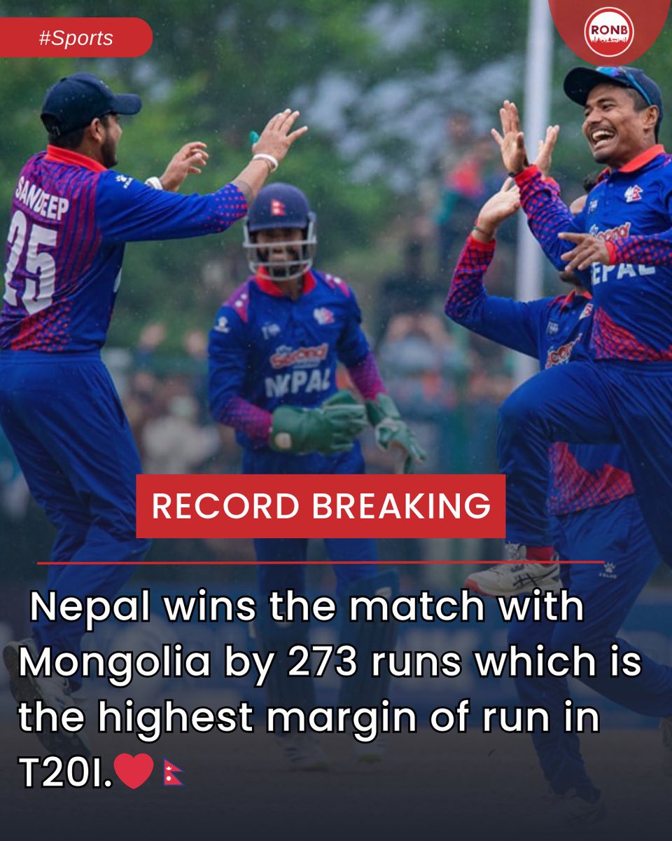 Record Breaking: Nepal wins the match with Mongolia by 273 runs which is the highest margin of run in T20I.❤️🇳🇵