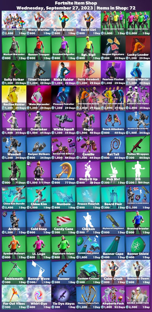 KlintonLeaks's tweet photo. 🛒 | #Fortnite 
       𝗗𝗔𝗜𝗟𝗬 𝗜𝗧𝗘𝗠𝗦𝗛𝗢𝗣
🗓 | Wednesday 
      27/09/2023 

👕 | TOTAL Cosmetics in ItemShop: 72

| #FortniteLastResort
| #FortniteChapter4Season4
| #FortniteItemShop https://t.co/27yQmEPFzq