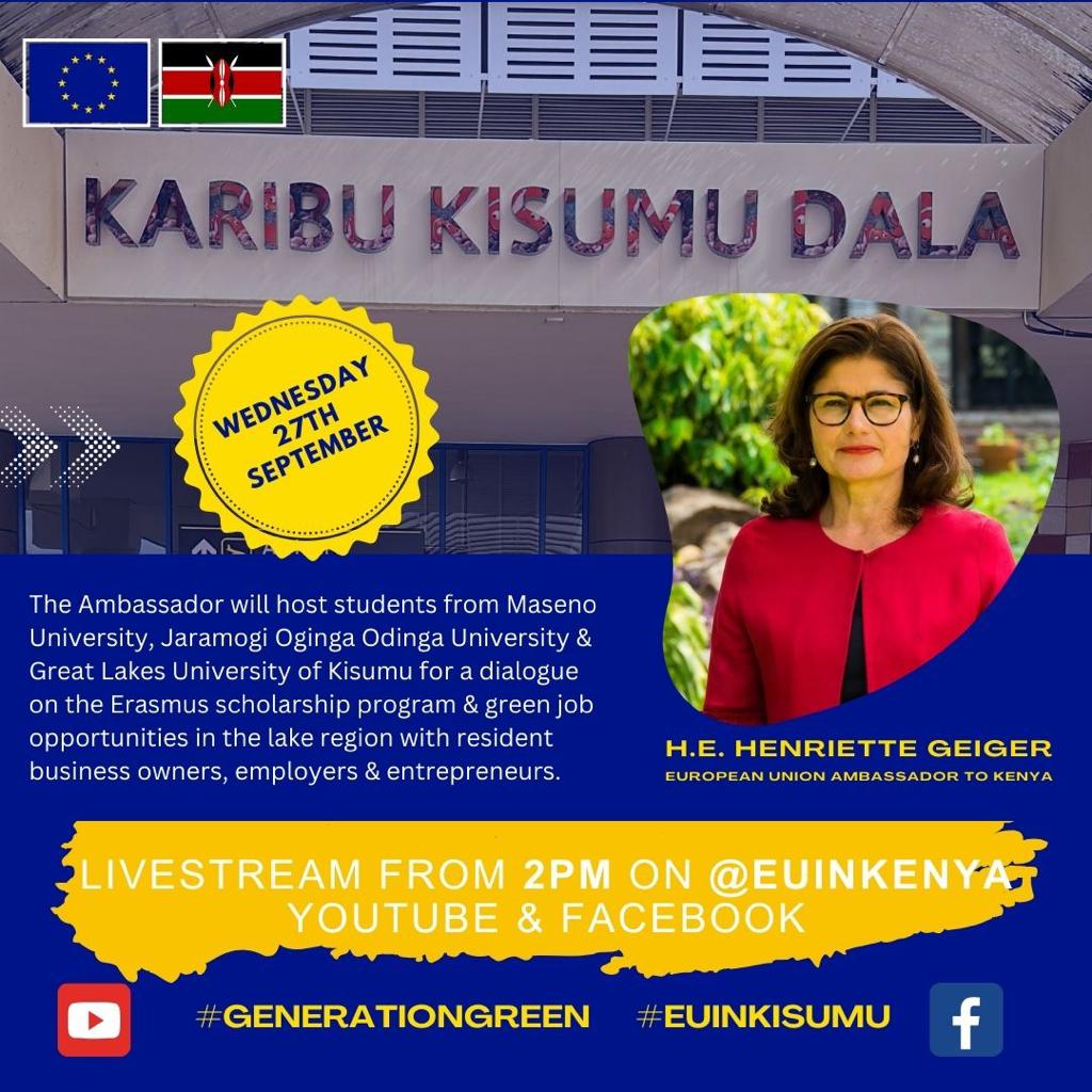 The Ambassador will be in Kisumu County today, engaging in #GenerationGreen talks. Kisumu climate change champions are setting the pace for youth worldwide. Stay tuned for insights on green initiatives and #greenjob opportunities! #YouthForClimate #GenerationGreen #EUAmbInKisumu