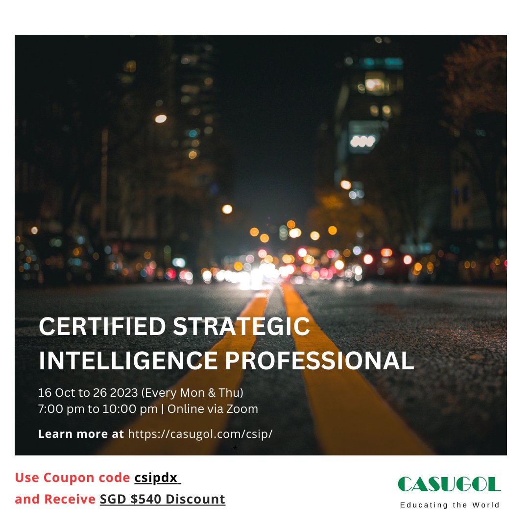 casugol's tweet image. Acquire advanced knowledge and skillsets required to harness the power of data to gain strategic intelligence, and propel business your business.

Discount SGD $540 Nett

Coupon Code: csipdx

Learn more at casugol.com/csip/

#strategicintelligence #datastrategy #casugol