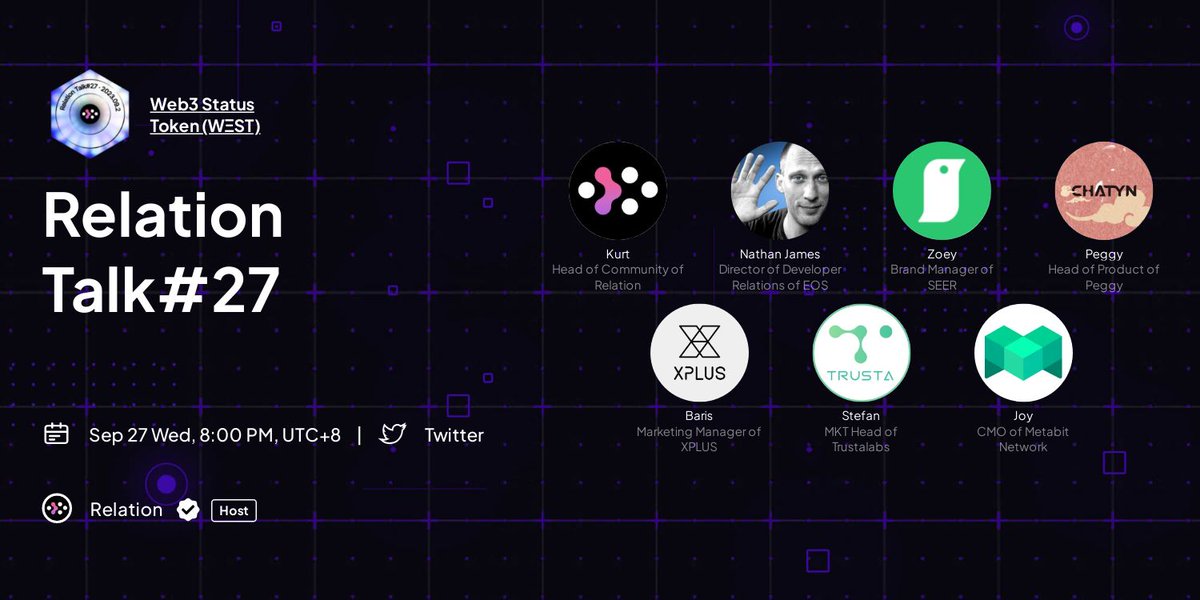 🥳 Relation Talk#27 - Exploring AA Wallet and Its Impact on Web3 Social. Can't wait to discuss possible intersections of Account Abstraction and #SocialFi 🎙Speakers: @EOSnFoundation @SeerFoundation @ChatyNofficial @xplusio @TrustaLabs @metabitofficial ⏰ Time: 8:00PM SGT, Sep…