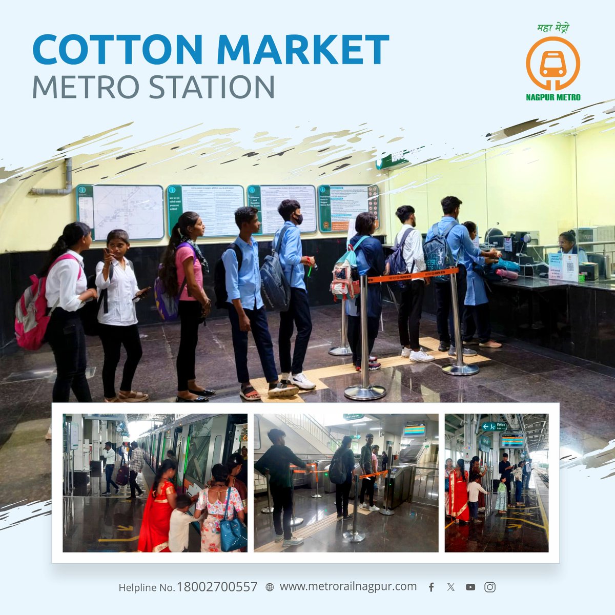 MetroRailNagpur's tweet photo. #ReasonToSmile #EyeOnFuture
 कॉटन मार्केट मेट्रो स्टेशन नागरिकांच्या सेवेत रुजू झाल्यानंतर, प्रवाश्यांचा उत्तम उत्स्फूर्त प्रतिसाद मिळतो आहे. या स्थानकावरून मेट्रो प्रवास करणाऱ्यांची संख्या दिवसेंदिवस वाढत आहे. आपणही आता या स्थानकावरून प्रवास करू शकता. #ChalaMaziMetroNe

#MyMetroMyStation #nagpurmetro #MaziMetro #BestPublicTransport #HappyMetroRide