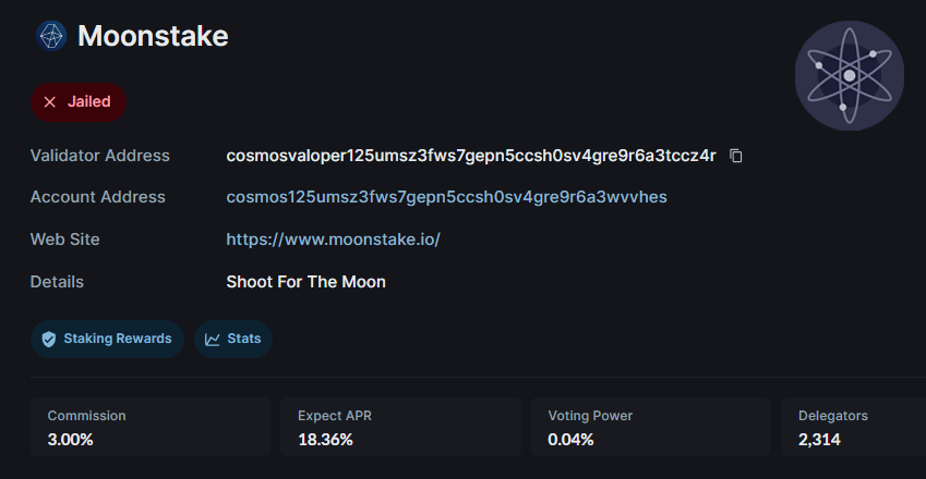 BTC_Bomber's tweet photo. #Cosmos Hub(#ATOM)のバリデータ #Moonstake がJailedから復旧せず。
MoonStake walletからATOMをステーキングしていた人は、同ウォレットのニーモニックを使い、Cosmostationからリデリゲートした方が良さそうです🙇♂️ https://t.co/AueUU4jcqW