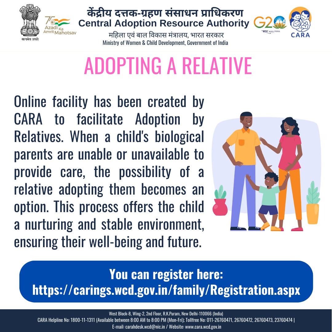CARAWCD's tweet photo. Click on this link to register for Relative Adoption:
https://t.co/S5YAWGKSlL
#CARA #RelativeAdoption
@PMOIndia @MinistryWCD @PIB_India @PIBWCD @NIPCCD_MWCD https://t.co/ZZeZkoEE98