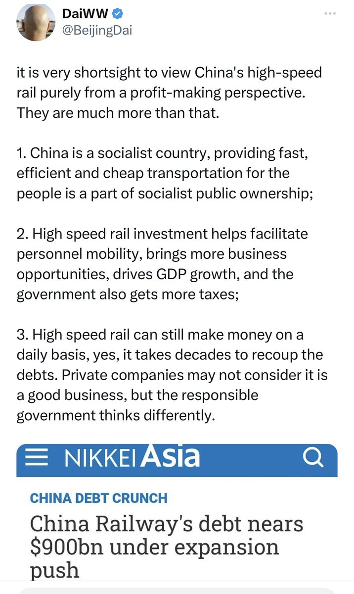 fangshimin's tweet photo. 中国高铁负债9000亿美元，外宣五毛说，你们太短视了，中国是社会主义国家，对高铁要算政治账，不能算经济账。 https://t.co/mX1Evd8hJX