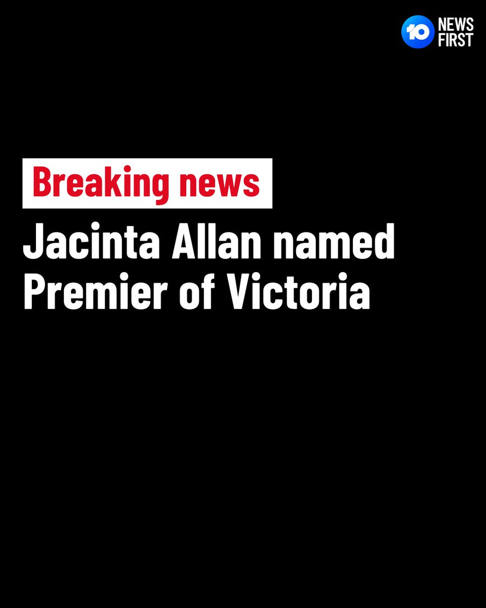 10 News First Melbourne (@10newsfirstmelb) on Twitter photo #Breaking: Jactina Allan has been named the new Premier of Victoria following the shock resignation of Daniel Andrews | #springst <a href="/DanielAndrewsMP/">Dan Andrews</a> <a href="/JacintaAllanMP/">Jacinta Allan</a>
Allan was considered the frontrunner for the job, having been the state's Deputy Premier since 2022.
Watch 10 News #Breaking: Jactina Allan has been named the new Premier of Victoria following the shock resignation of Daniel Andrews | #springst <a href="/DanielAndrewsMP/">Dan Andrews</a> <a href="/JacintaAllanMP/">Jacinta Allan</a>
Allan was considered the frontrunner for the job, having been the state's Deputy Premier since 2022.
Watch 10 News