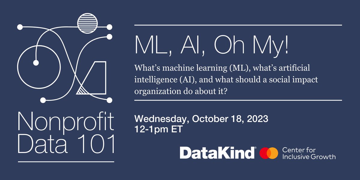 DataKind (@datakind) on Twitter photo What’s #machinelearning and #AI? What should a #socialimpact org do about it? That's the topic for our next Nonprofit Data 101 webinar on Wednesday, October 18, at 12 ET. For more information and to register: bit.ly/3PprWMp
<a href="/CNTR4growth/">Mastercard Center for Inclusive Growth</a> What’s #machinelearning and #AI? What should a #socialimpact org do about it? That's the topic for our next Nonprofit Data 101 webinar on Wednesday, October 18, at 12 ET. For more information and to register: bit.ly/3PprWMp
<a href="/CNTR4growth/">Mastercard Center for Inclusive Growth</a>
