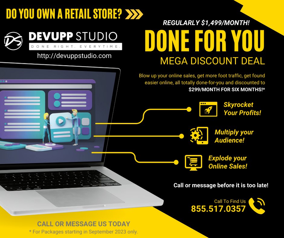 DevuppStudio's tweet image. Our best deal ever. Do you have a small retail business? Guess what, we just made it so ANYONE can afford our comprehensive marketing suite for six months! 
#retailmarketing #retailnews #Retail #DigitalMarketing  #Retailers #SmallBusiness #shoplocal