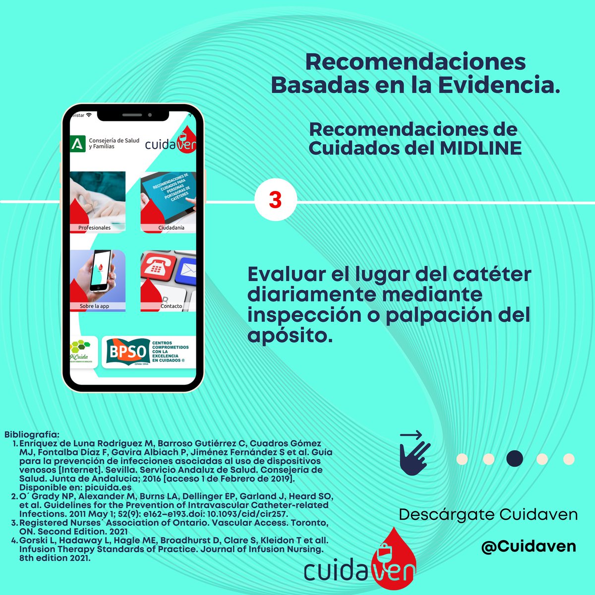 cuidaven's tweet photo. #25DíasdeRecomendaciones #Día3 #Cuidaven📲🩸
👉Precauciones en el Cuidado del MIDLINE: 

🗣️Cada vez hay más evidencia de la importancia de revisar diariamente el apósito para detectar complicaciones lo antes posible.

#practicasbasdasenlaevidencia #Bpso #BpsoAndalucía https://t.co/KbixEK6NtL