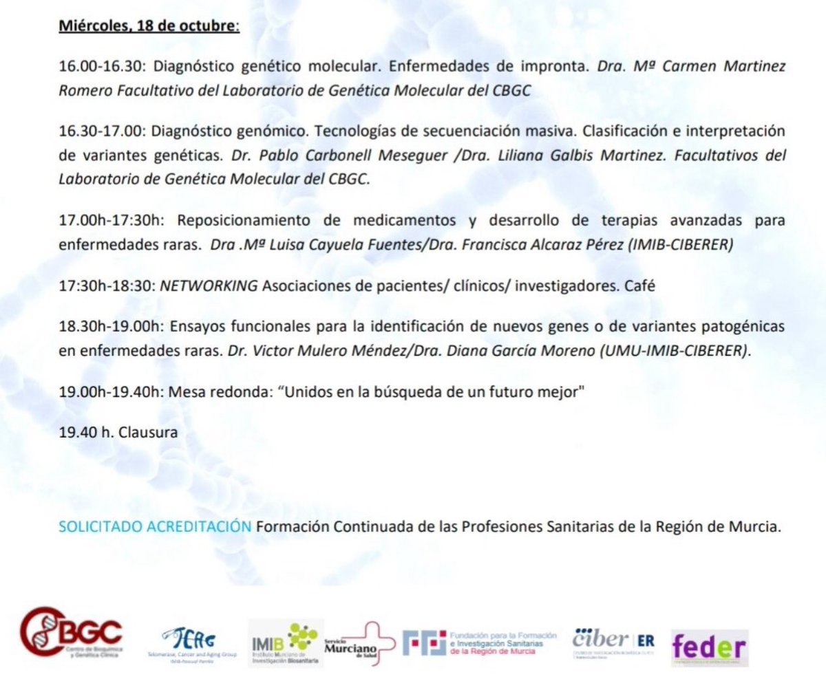 Promovido por <a href="/BioRegMur/">Colegio Oficial de Biólogos de la Región de Murcia</a>, 17 y 18 de Octubre en <a href="/brmu/">Biblioteca Regional de Murcia</a>
1° JORNADA DE #GENETICA
Para dar a conocer técnicas actualizadas para diagnóstico 
genético y genómico de las enfermedades genéticas y raras #EERR
Con <a href="/cbgc_arrixaca/">CBGC.ARRIXACA</a> <a href="/FFIS_CARM/">Fundación FFIS</a> @CIBERER <a href="/IMIB_RMurcia/">Instituto Murciano de Investigación Biosanitaria</a>
cobrm.org/i-jornada-de-g…