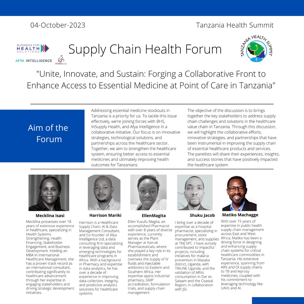 TzHealthSummit's tweet photo. Unite, Innovate and Sustain: Forging a collaborative Front to enhance Access to essential medicine at Point of Care in Tanzania

Join us at the Supply Chain Health Forum on October 4th at JNICC in Dar es-Salaam, Tanzania, during the 10th Anniversary of the Tanzania Health Summit! This forum will bring together key stakeholders from across the healthcare sector to discuss how we can work together to improve access to essential medicines at the point of care.

Come and learn about:
1️⃣The current state of access to essential medicines in Tanzania
2️⃣Challenges and opportunities for improving access
The role of collaboration in driving innovation and system change
3️⃣Case studies of successful interventions

This forum is a must-attend for anyone interested in improving access to essential medicines in Tanzania. Register today at https://t.co/gK3hjIT6Nt

#THS2023 #UniteInnovateSustain #AccessToEssentialMedicine @AfyaIntel