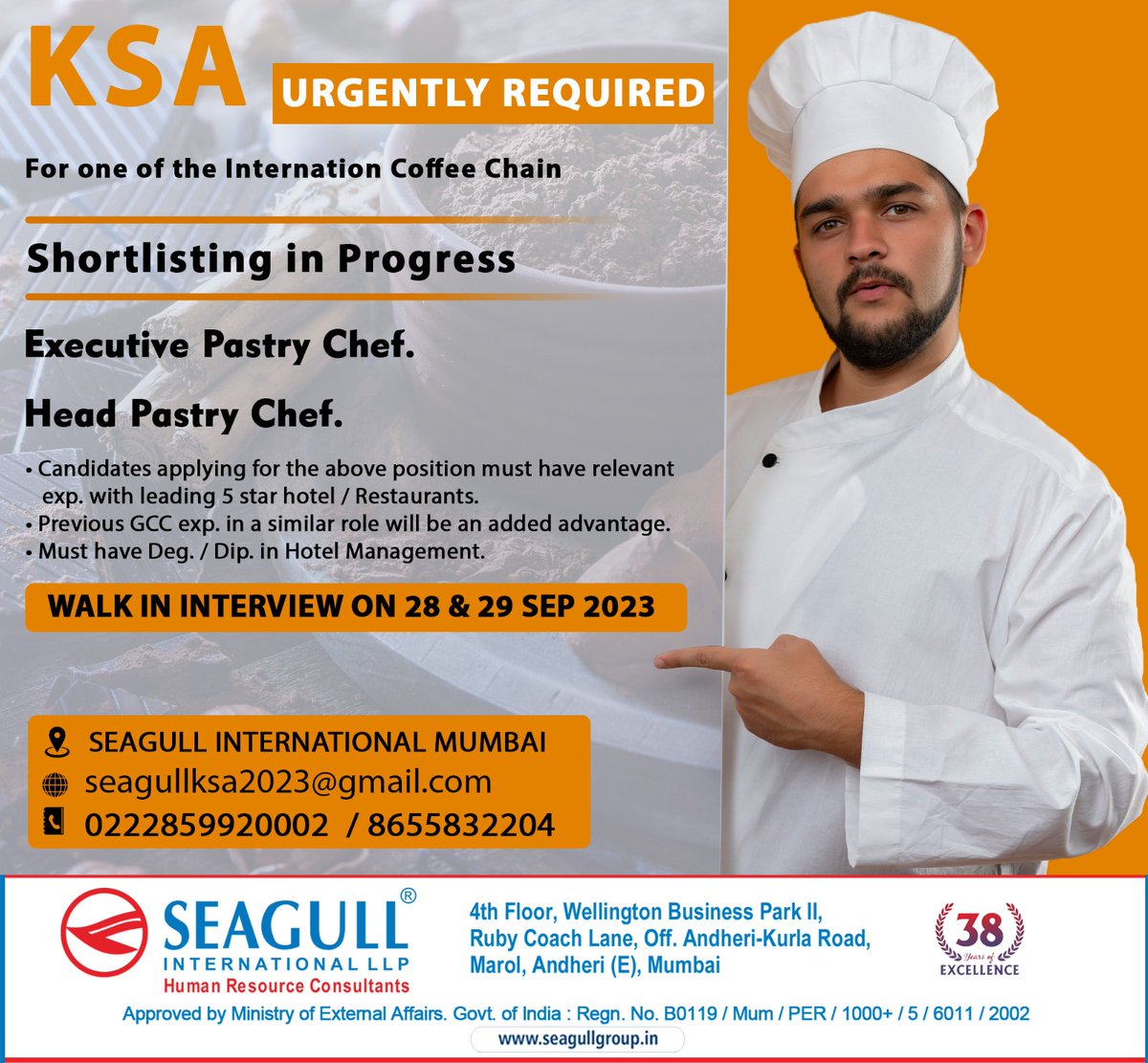 hrd1_seagull's tweet photo. 🇸🇦Ksa Jobs
‼️Urgently Required
✔️Shortlisting In Progress
🗓️Walk In Interview On 28th & 29th September 2023
.
.
.
#ksajobs #seagull #mumbaijobs #executivepastrychef #headpastrychef https://t.co/w6OC20xtRV