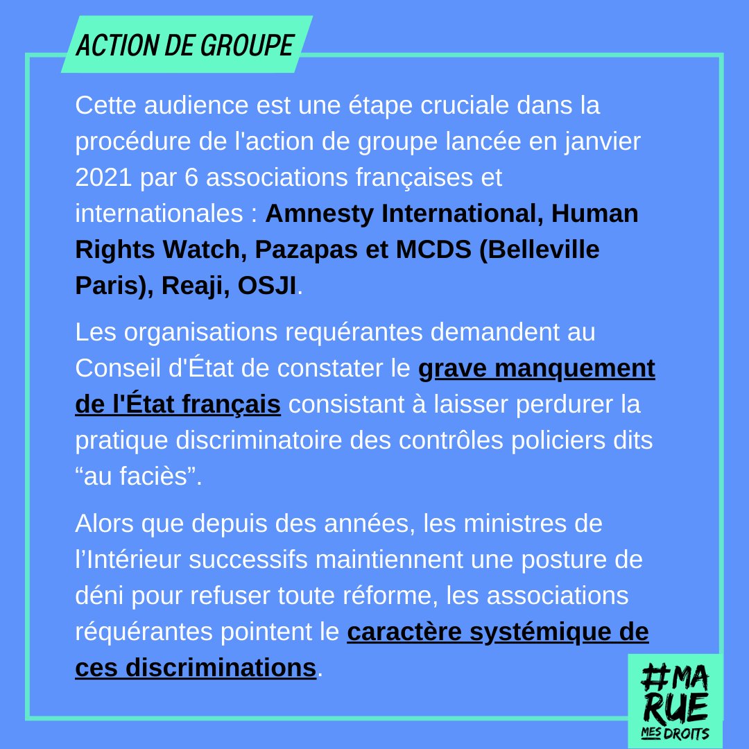 #MaRueMesDroits (@maruemesdroits_) on Twitter photo 🧶 Un fil info à dérouler pour (re)saisir les enjeux de l'action de groupe pour en finir avec les #ContrôlesAuFacies !
⏳j-2 Audience devant le Conseil d'Etat ce vendredi 29 septembre ! ⤵️
#MaRueMesDroits
<a href="/hrw_fr/">HRW en français</a> <a href="/amnestyfrance/">amnestyfrance</a> <a href="/OSFJustice/">Open Society Justice Initiative</a> la MCDS, <a href="/IssadePazapas/">Issa Pazapas</a> & REAJI 💪😃 🧶 Un fil info à dérouler pour (re)saisir les enjeux de l'action de groupe pour en finir avec les #ContrôlesAuFacies !
⏳j-2 Audience devant le Conseil d'Etat ce vendredi 29 septembre ! ⤵️
#MaRueMesDroits
<a href="/hrw_fr/">HRW en français</a> <a href="/amnestyfrance/">amnestyfrance</a> <a href="/OSFJustice/">Open Society Justice Initiative</a> la MCDS, <a href="/IssadePazapas/">Issa Pazapas</a> & REAJI 💪😃