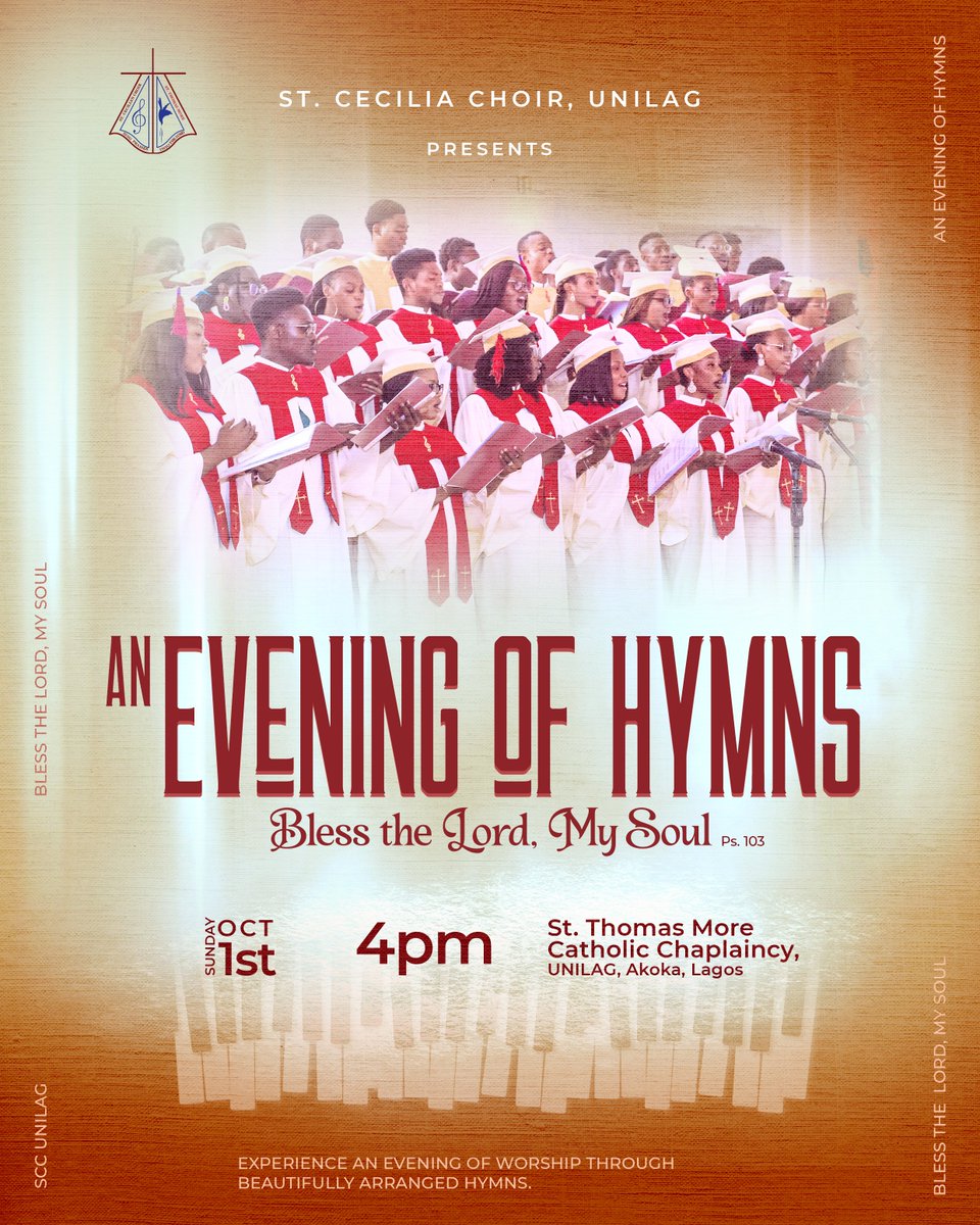 SCC_Unilag's tweet photo. The moment you've been waiting for is finally here! SCC UNILAG's "An Evening of Hymns" is back for its second edition!!! 🥳🥳

Date: October 1st, 2023.
Time: 4pm
Theme: "Bless The Lord, My Soul"

 DON'T MISS IT!!! #AnEveningOfHymns2023 #EOH2 https://t.co/qVPt9MVYtm