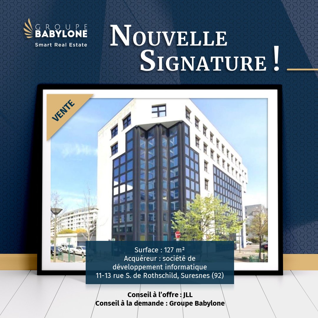 Nouvelle vente : une société de développement informatique vient d’acquérir une surface de bureaux de 127 m² au 11-13 rue Salomon de Rothschild, Suresnes (92).

Une transaction réalisée par le département Bureaux de Groupe Babylone, conseil à la demande, et JLL conseil à l'offre.