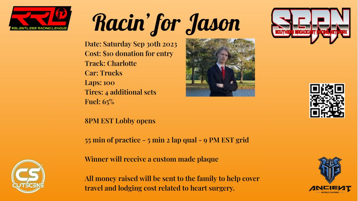 Southern Broadcast Racing Network (@sbracingnetwork) on Twitter photo Come out watch the fun for a great cause!! <a href="/AncientWorldGG/">Ancient World Gaming I AWG</a> <a href="/iRacing/">iRacing</a> @CarrieLeeAnn43 <a href="/A_B_Williams26/">Coach Tone</a> <a href="/BDinger7/">Bo</a> <a href="/BobbyRafferty7/">AWG Rafferty</a> <a href="/CutSceneSleep/">CutSceneSleep</a> <a href="/TheOnePizzaMan/">Brayton Laster</a> <a href="/nateismfof/">Nathan</a> <a href="/DaleJr/">Dale Earnhardt Jr.</a> <a href="/DustinHall37/">Dustin Hall</a> <a href="/Austin__Mack11/">Austin Mack | Pro Athlete | Philanthropist</a> @TerryRadford4 <a href="/NASCAR_Trucks/">NASCAR CRAFTSMAN Trucks</a> <a href="/MartinTruex_Jr/">Martin Truex Jr.</a> Come out watch the fun for a great cause!! <a href="/AncientWorldGG/">Ancient World Gaming I AWG</a> <a href="/iRacing/">iRacing</a> @CarrieLeeAnn43 <a href="/A_B_Williams26/">Coach Tone</a> <a href="/BDinger7/">Bo</a> <a href="/BobbyRafferty7/">AWG Rafferty</a> <a href="/CutSceneSleep/">CutSceneSleep</a> <a href="/TheOnePizzaMan/">Brayton Laster</a> <a href="/nateismfof/">Nathan</a> <a href="/DaleJr/">Dale Earnhardt Jr.</a> <a href="/DustinHall37/">Dustin Hall</a> <a href="/Austin__Mack11/">Austin Mack | Pro Athlete | Philanthropist</a> @TerryRadford4 <a href="/NASCAR_Trucks/">NASCAR CRAFTSMAN Trucks</a> <a href="/MartinTruex_Jr/">Martin Truex Jr.</a>