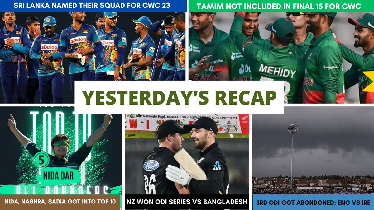 AllRoundersDen's tweet image. Squad announcements, T20I Rankings &amp;amp; winless streak broken💥
Here is ARD Recap of the cricket world in last 24 hours or so🏏

#ENGvsIRE #BANvsNZ #BangladeshCricket #srilankacricket #CWC2023 #CWC23Squads #NidaDar #ICCRankings #AsianGames2023 #CricketTwitter  ||ARD