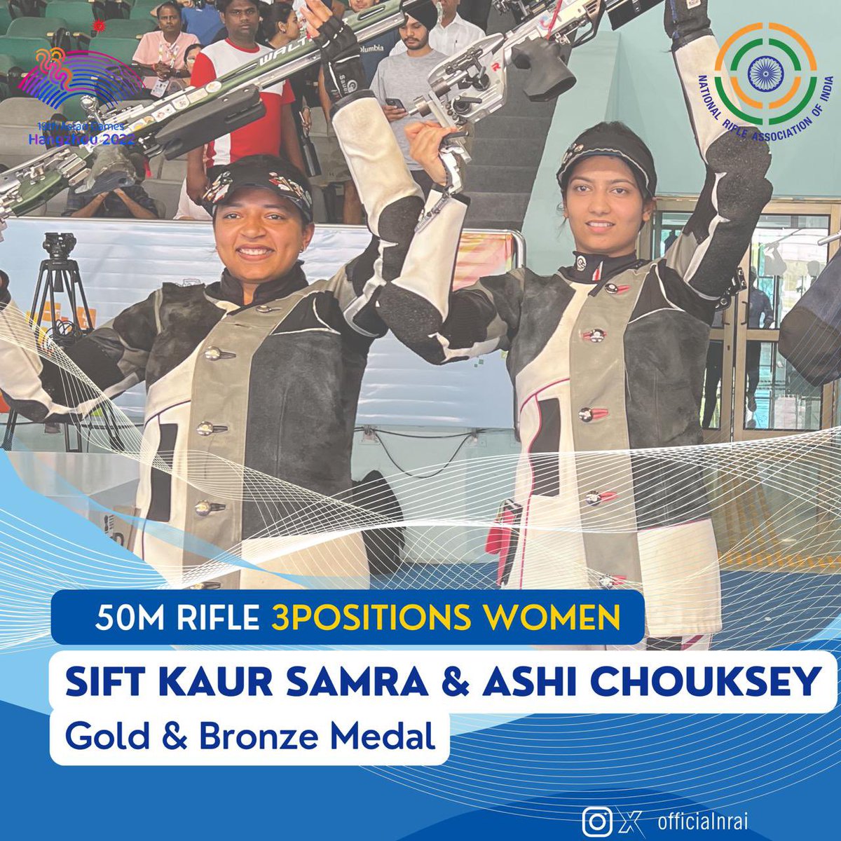 OfficialNRAI's tweet photo. And it’s not only medals but @SiftkaurSamra has nailed it with a #worldrecord score 469.6. It was also @ashichouksey7 s third medal of the @19thAGofficial Take it away girls🙏👏🎉🔥🇮🇳

#TeamIndia #Nishanebaaz #AsianGames #India https://t.co/mG10NQoux8